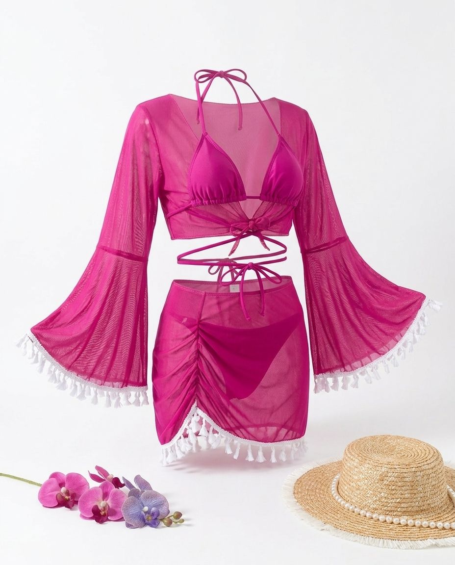 The Fuchsia Tulum Tassel Mesh 4-Piece Swim Set