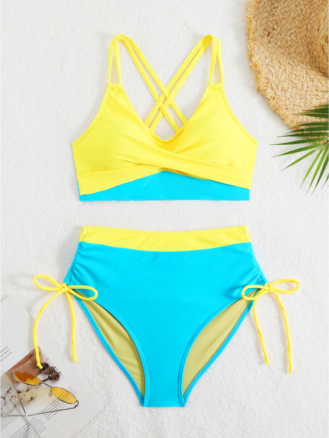 Aqua Blue Colorblock High-Waisted with Side Tie Bottom Bikini Set