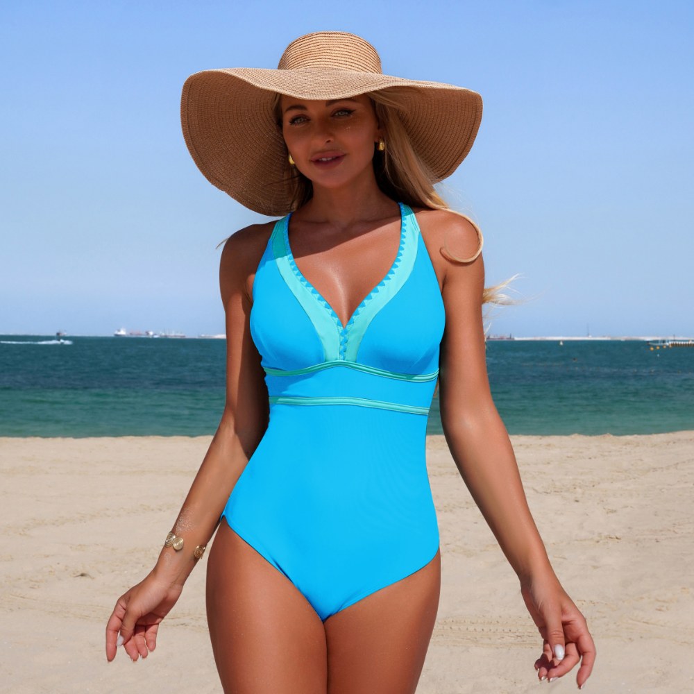 Aqua Blue Contrast Trim V-Neck Crossback One-Piece Swimsuit