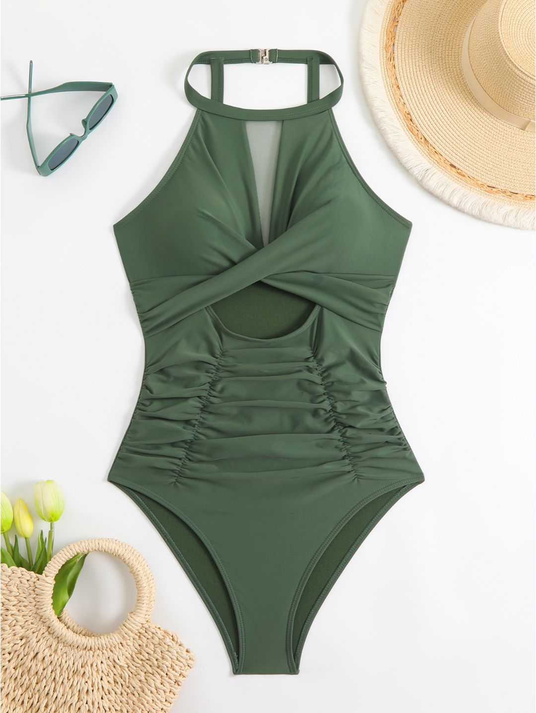 Army Green High Neck Mesh Cutout Ruched One-Piece Swimsuit