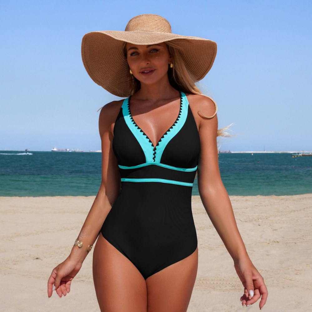 Black Aqua Contrast Trim V-Neck Crossback One-Piece Swimsuit