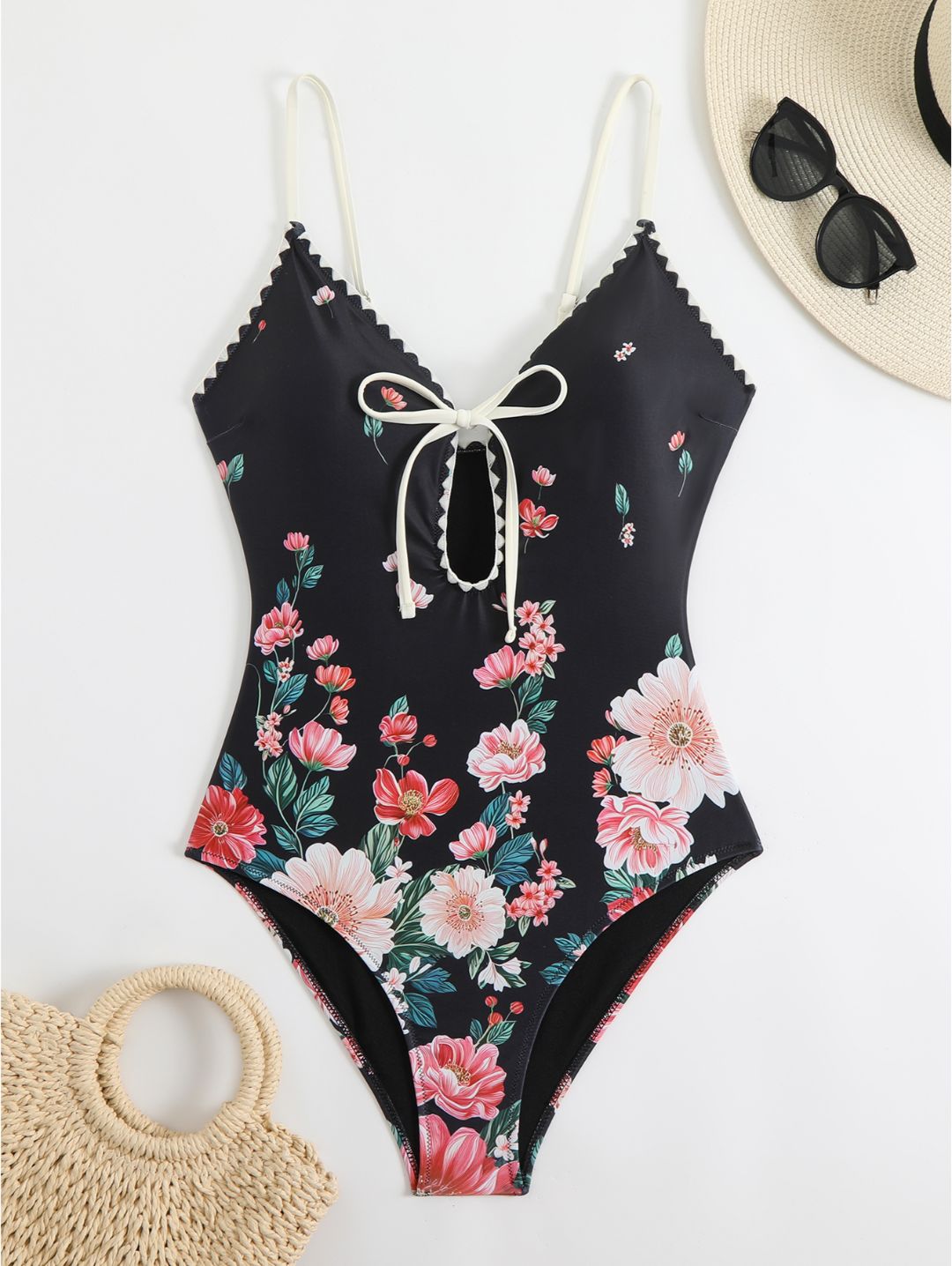 Black Floral Tie-Front One-Piece Swimsuit
