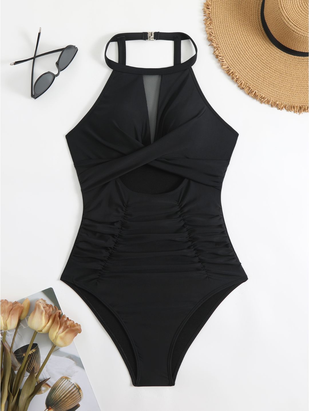Black High Neck Mesh Cutout Ruched One-Piece Swimsuit