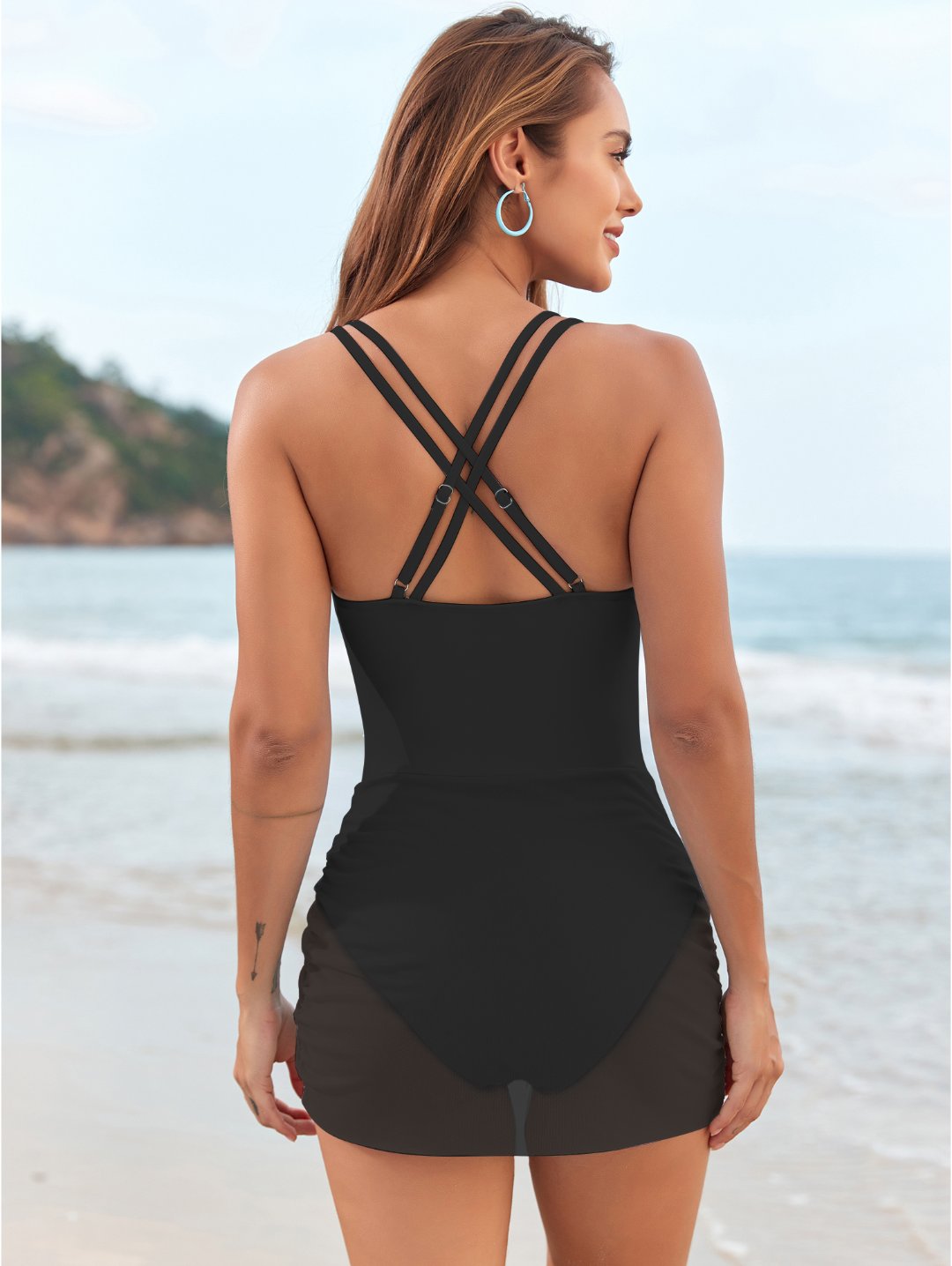 Black Ruched Mesh Skirt One Piece Swimsuit
