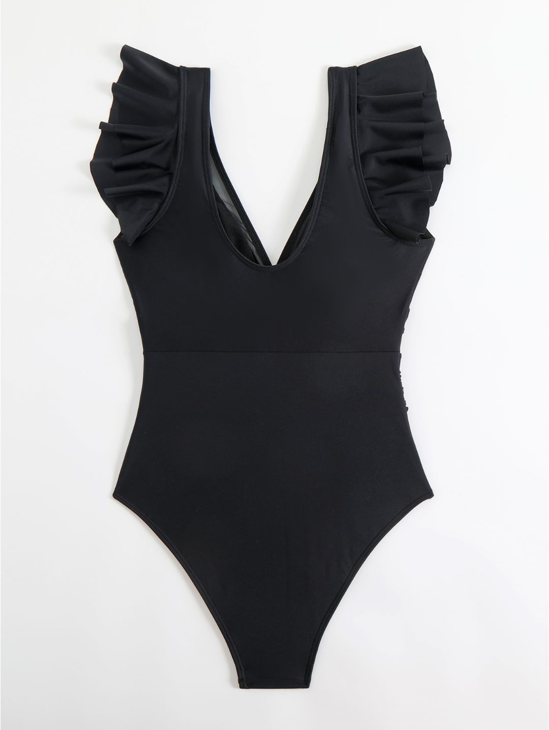 Black Ruffle Sleeve Colorblock One-Piece Swimsuit
