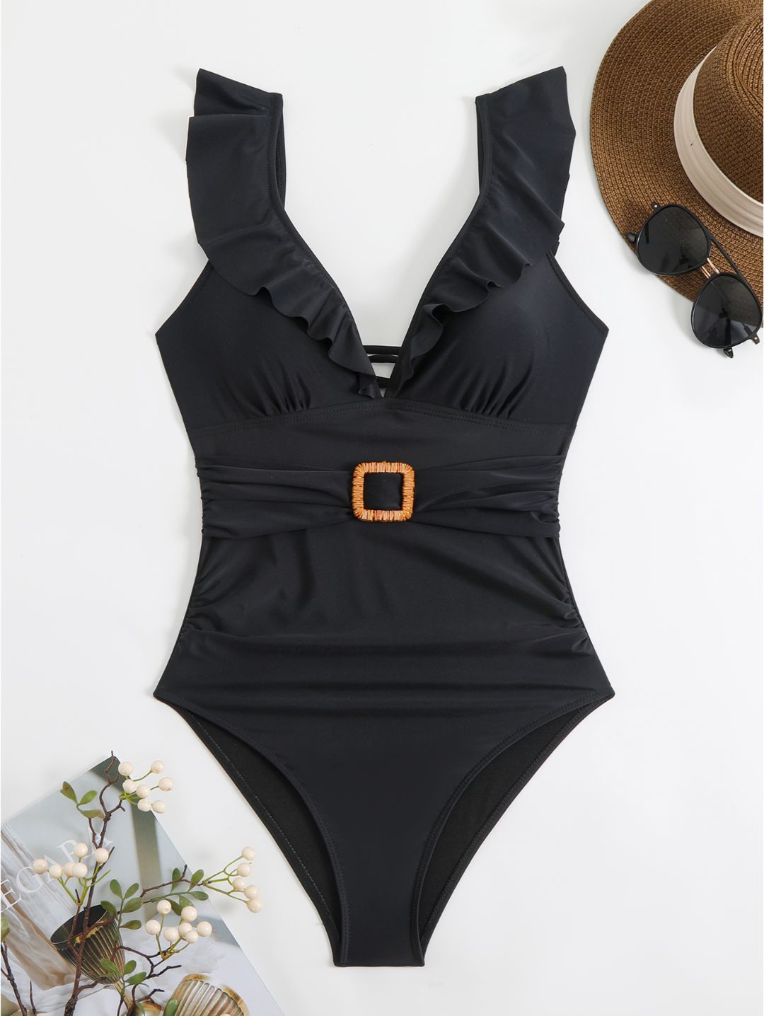 Black Ruffle V-Neck Belted One-Piece Swimsuit