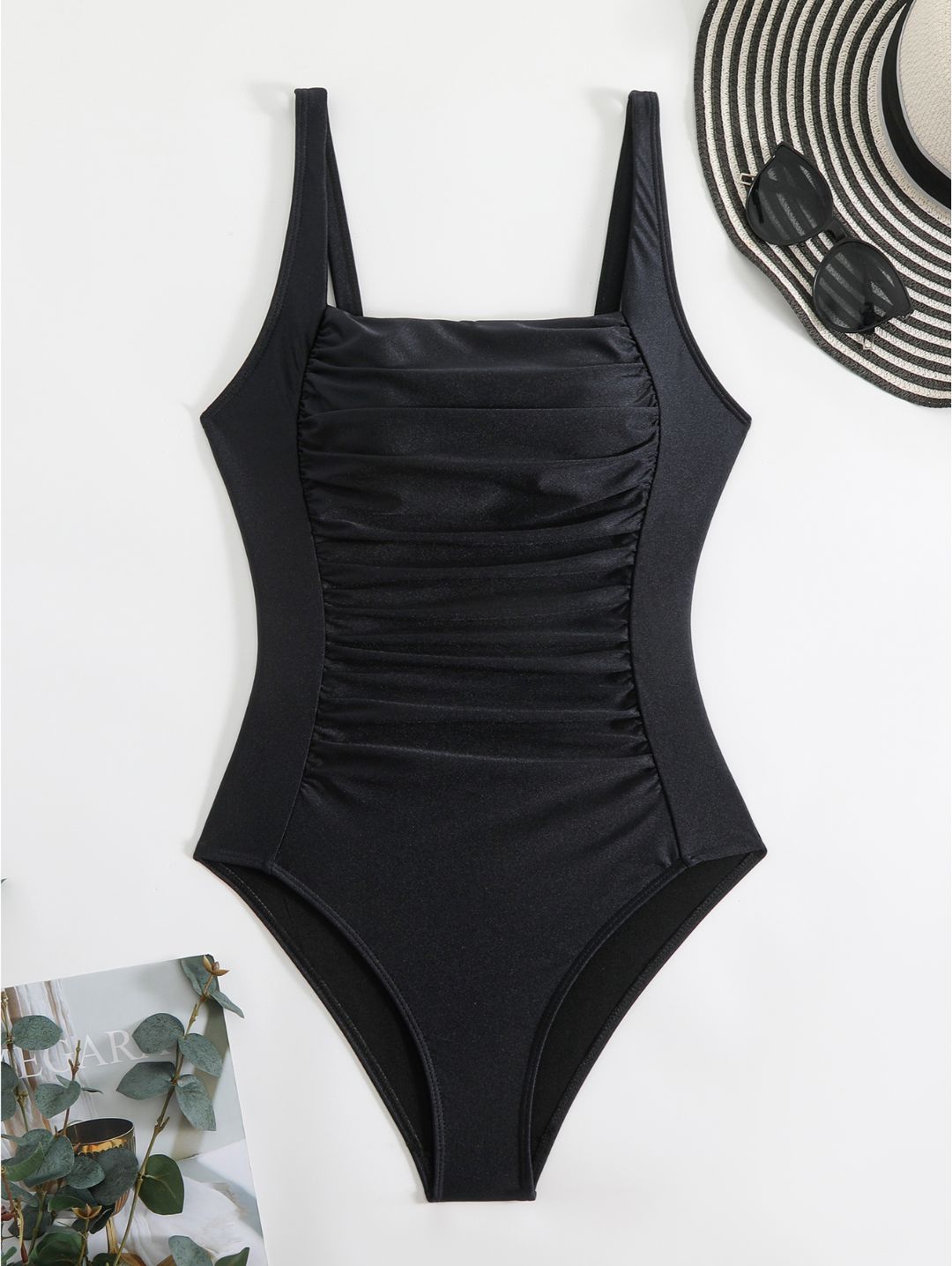 Black Square Neck Ruched One-Piece Swimsuit