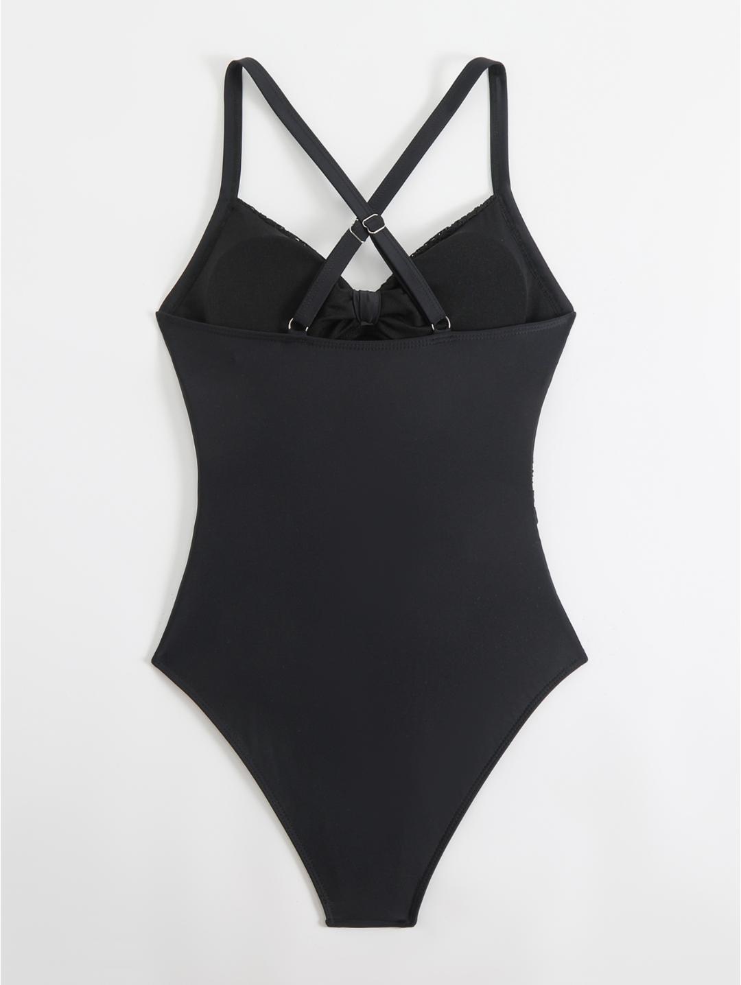 Black Tie Front Lace-Look One-Piece Swimsuit