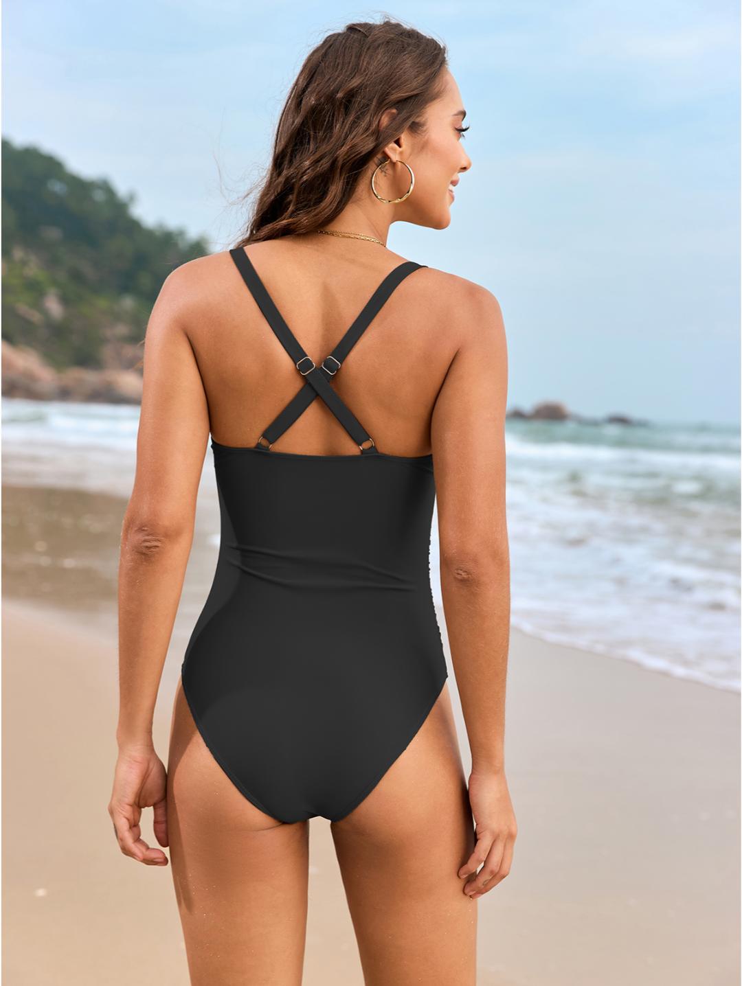 Black Tie Front Lace-Look One-Piece Swimsuit
