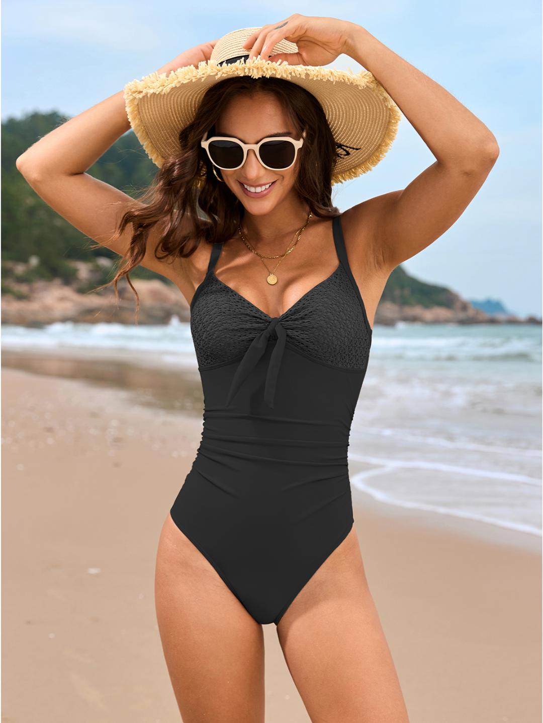 Black Tie Front Lace-Look One-Piece Swimsuit