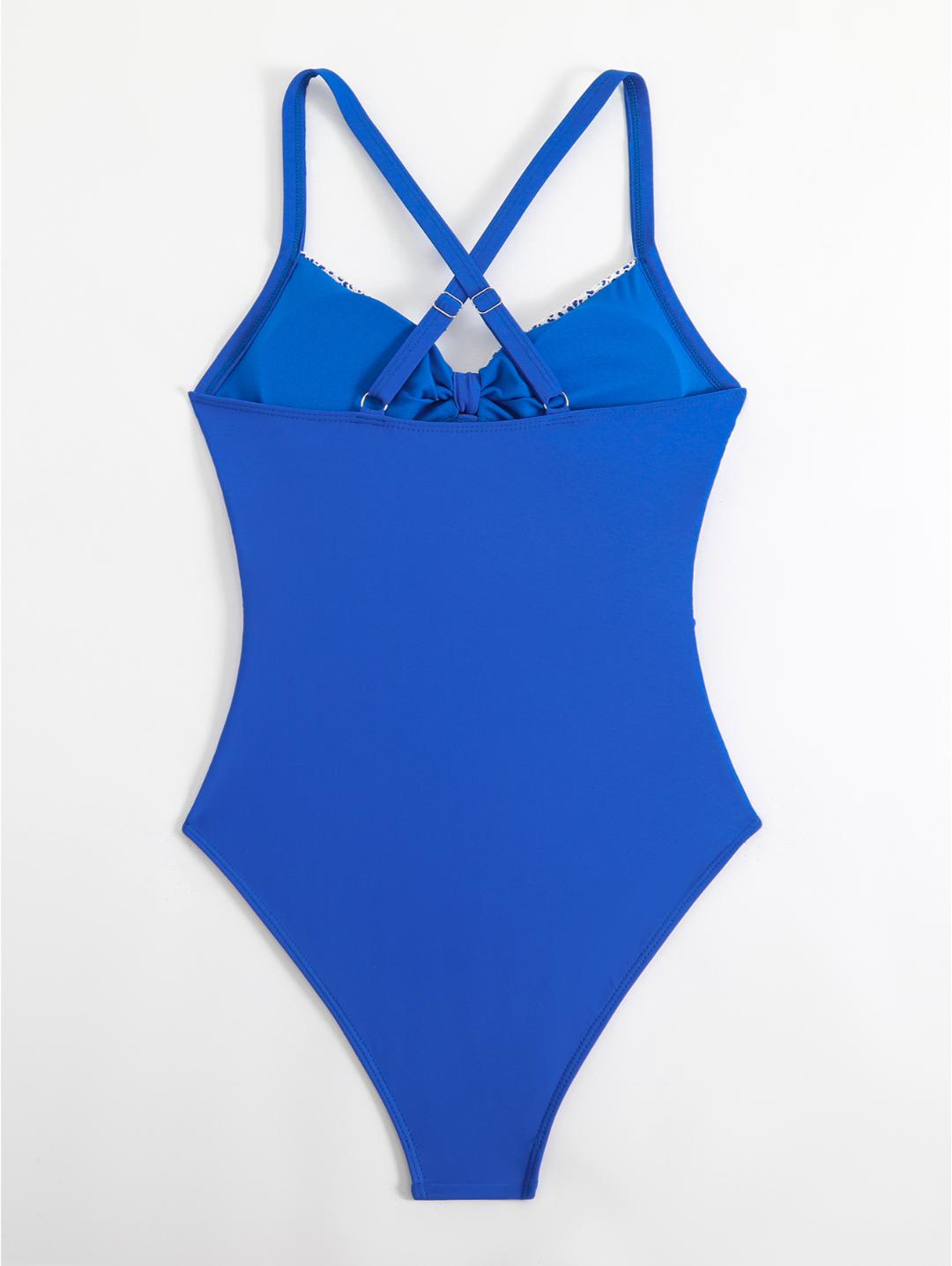 Blue Tie Front Lace-Look One-Piece Swimsuit