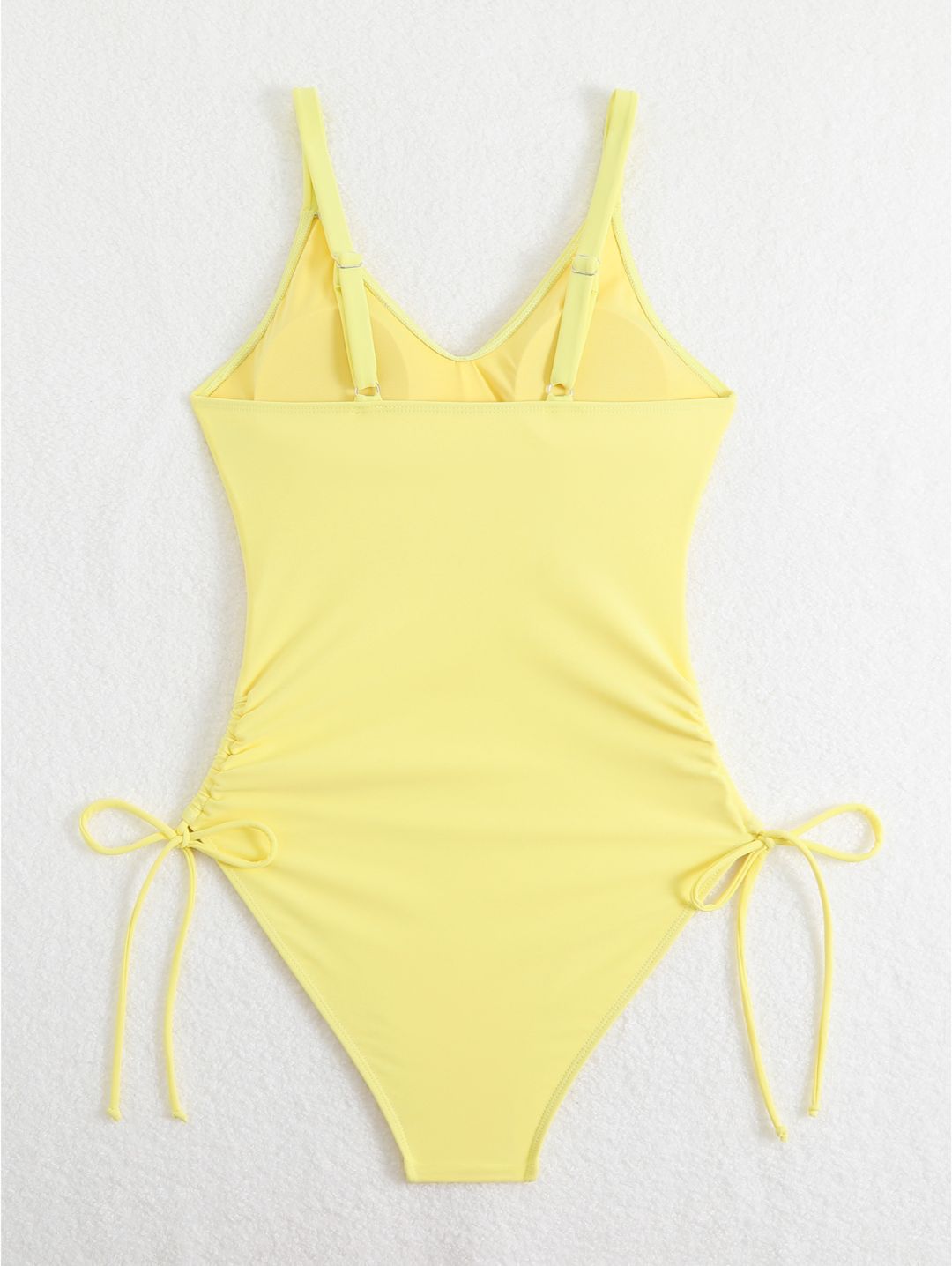 Butter Yellow V-Neck Mesh Panel Ruched Side-Tie One-Piece Swimsuit