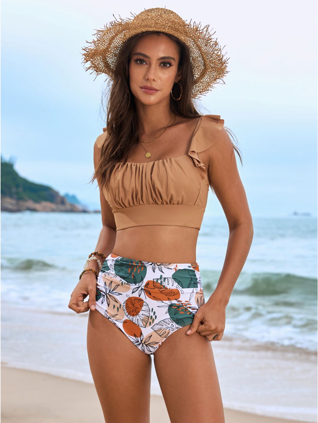 Camel Floral Ruffle Shoulder High Waisted Bikini Set
