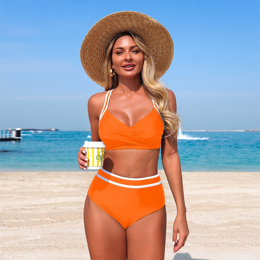 Orange Contrast Trim High Waisted Bikini Set