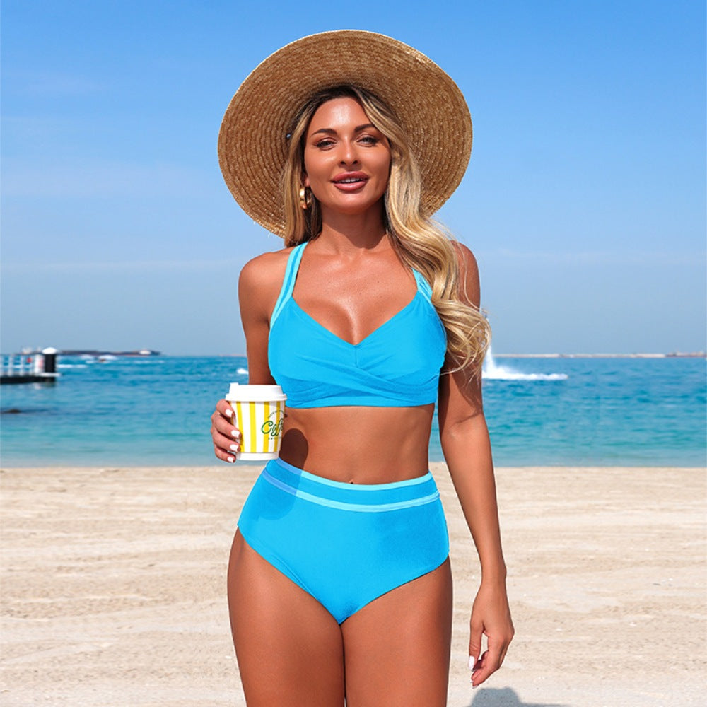 Sky Blue Contrast Trim High Waisted Bikini Set