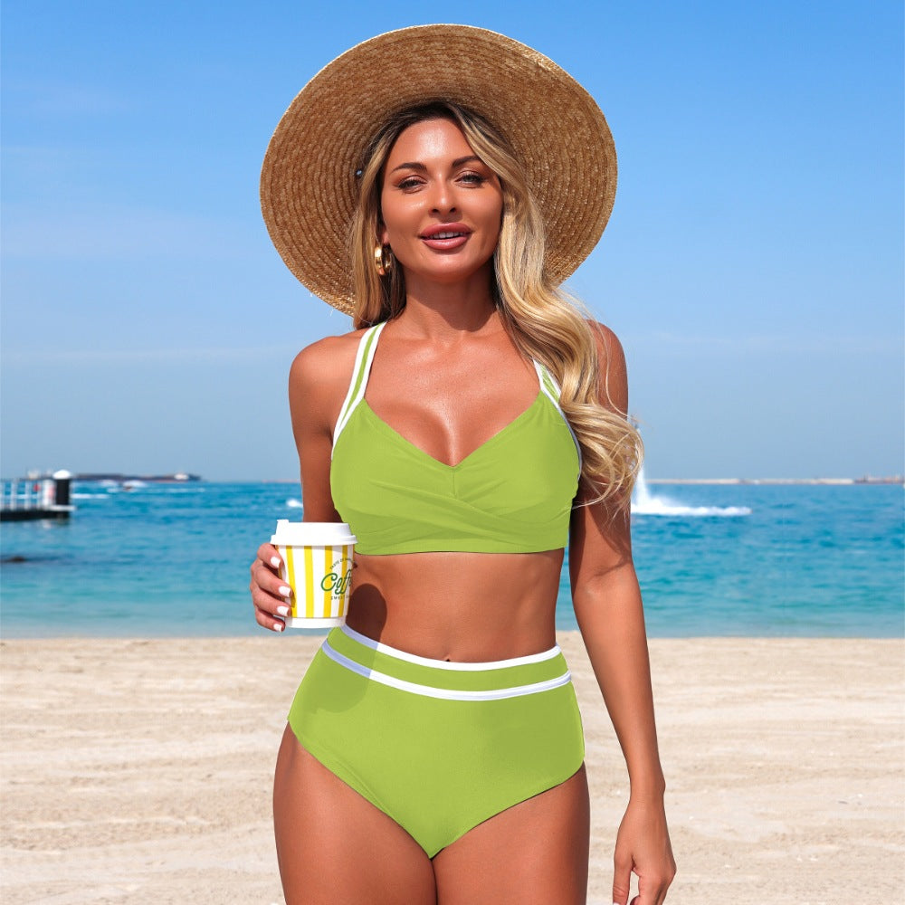 Lime Green Contrast Trim High Waisted Bikini Set