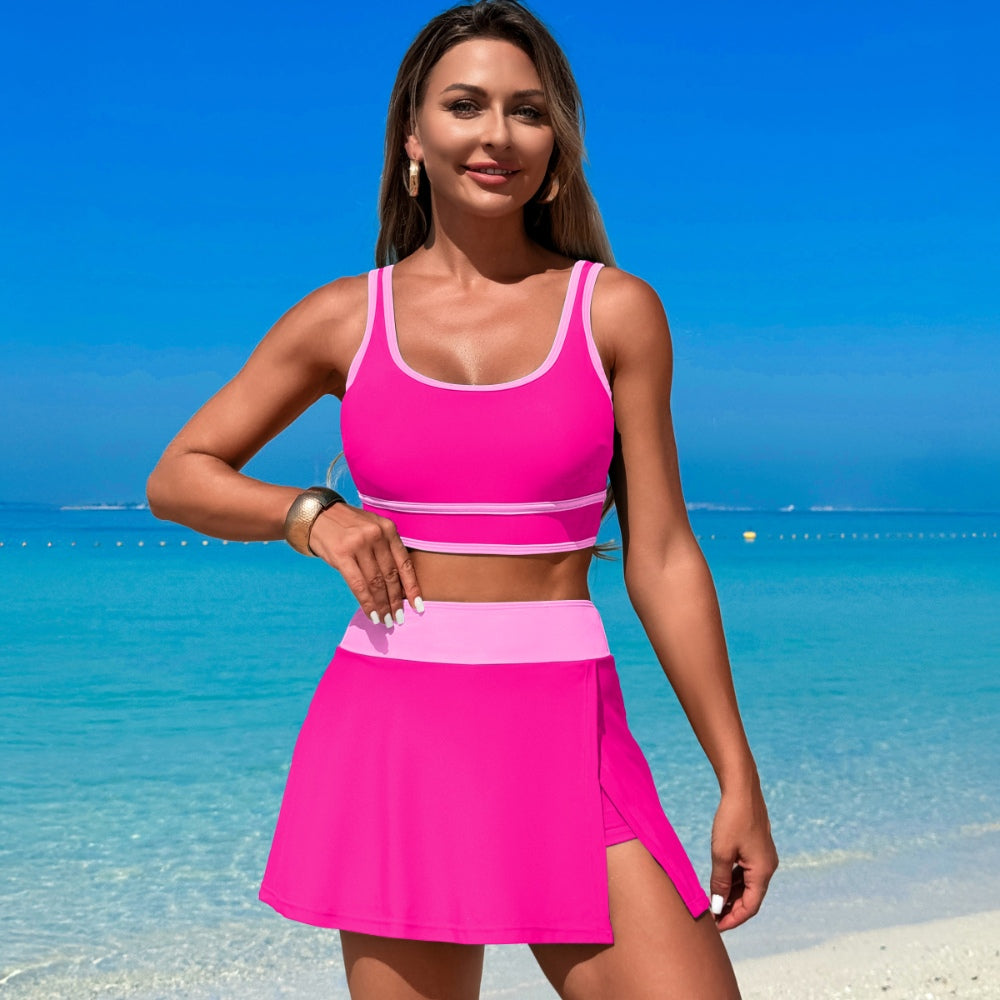 Hot Pink Contrast Trim Skirted Bikini Set
