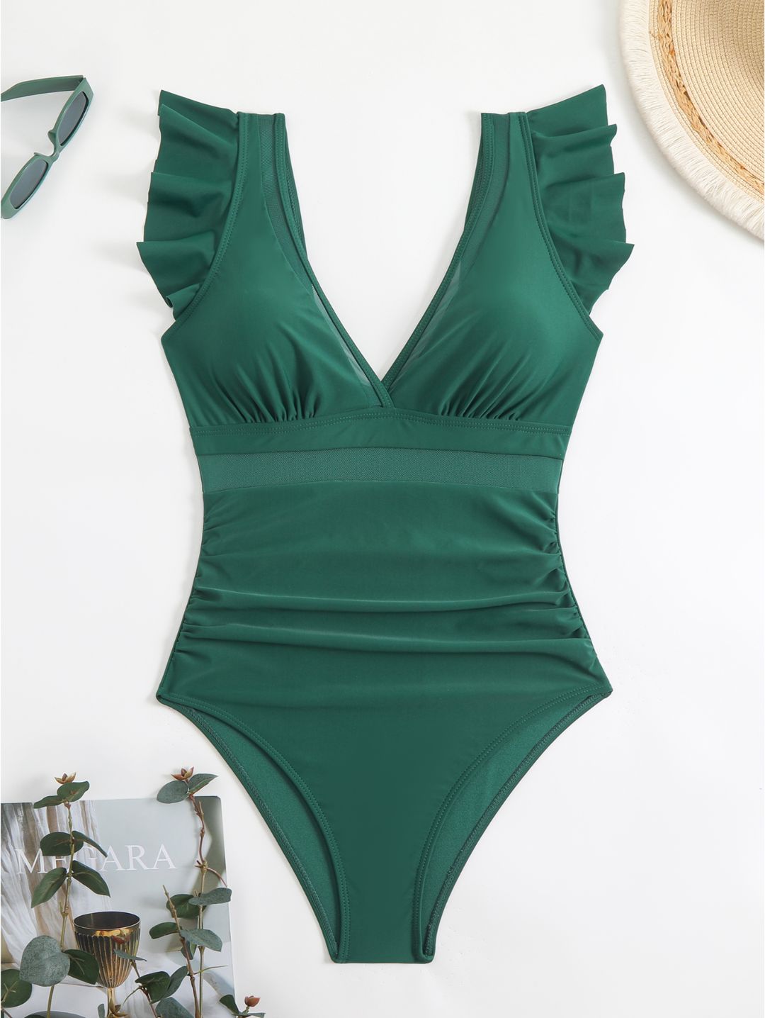 Emerald Green Ruffle Sleeve Colorblock One-Piece Swimsuit