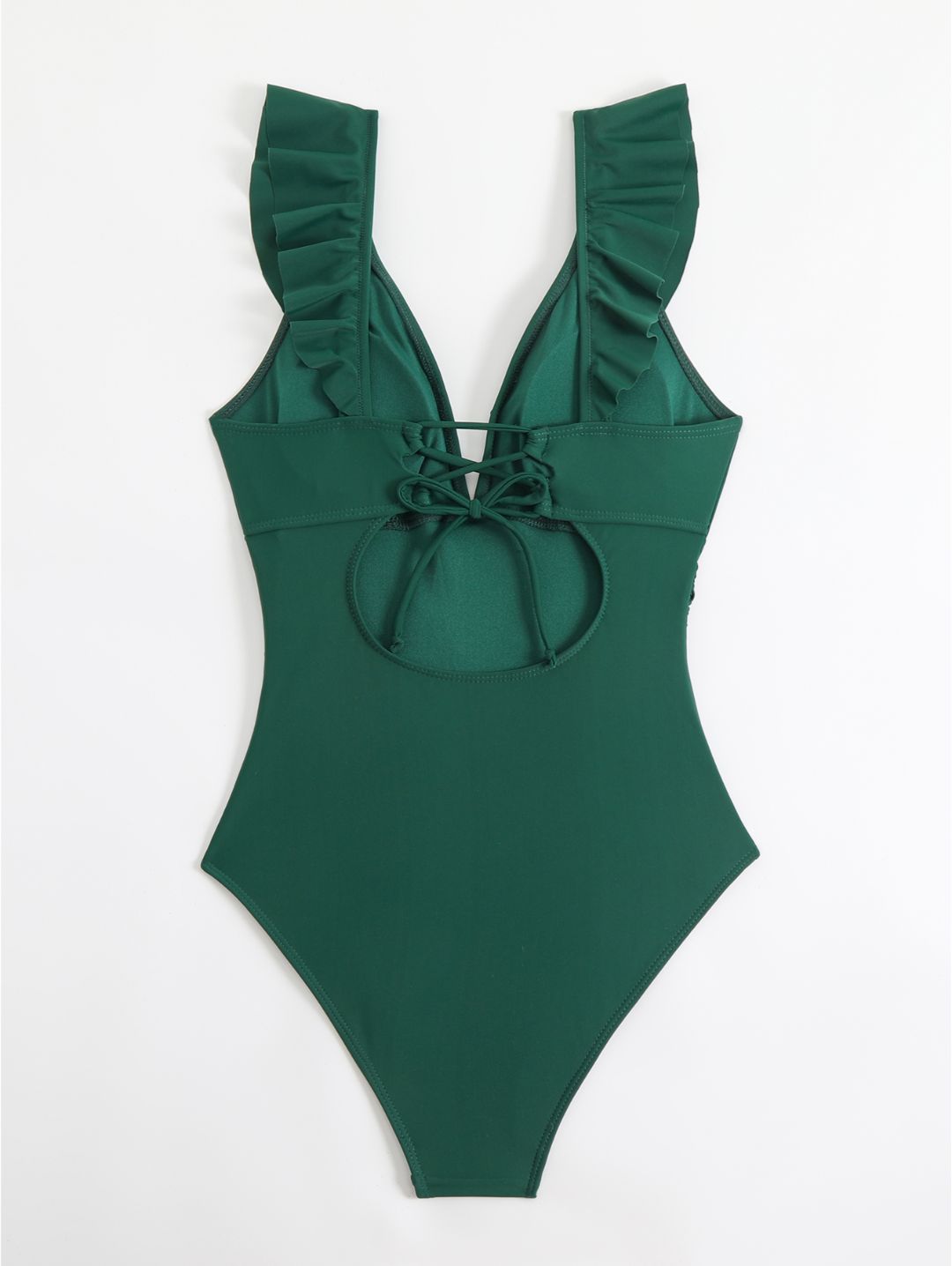 Emerald Green Ruffle V-Neck Belted One-Piece Swimsuit