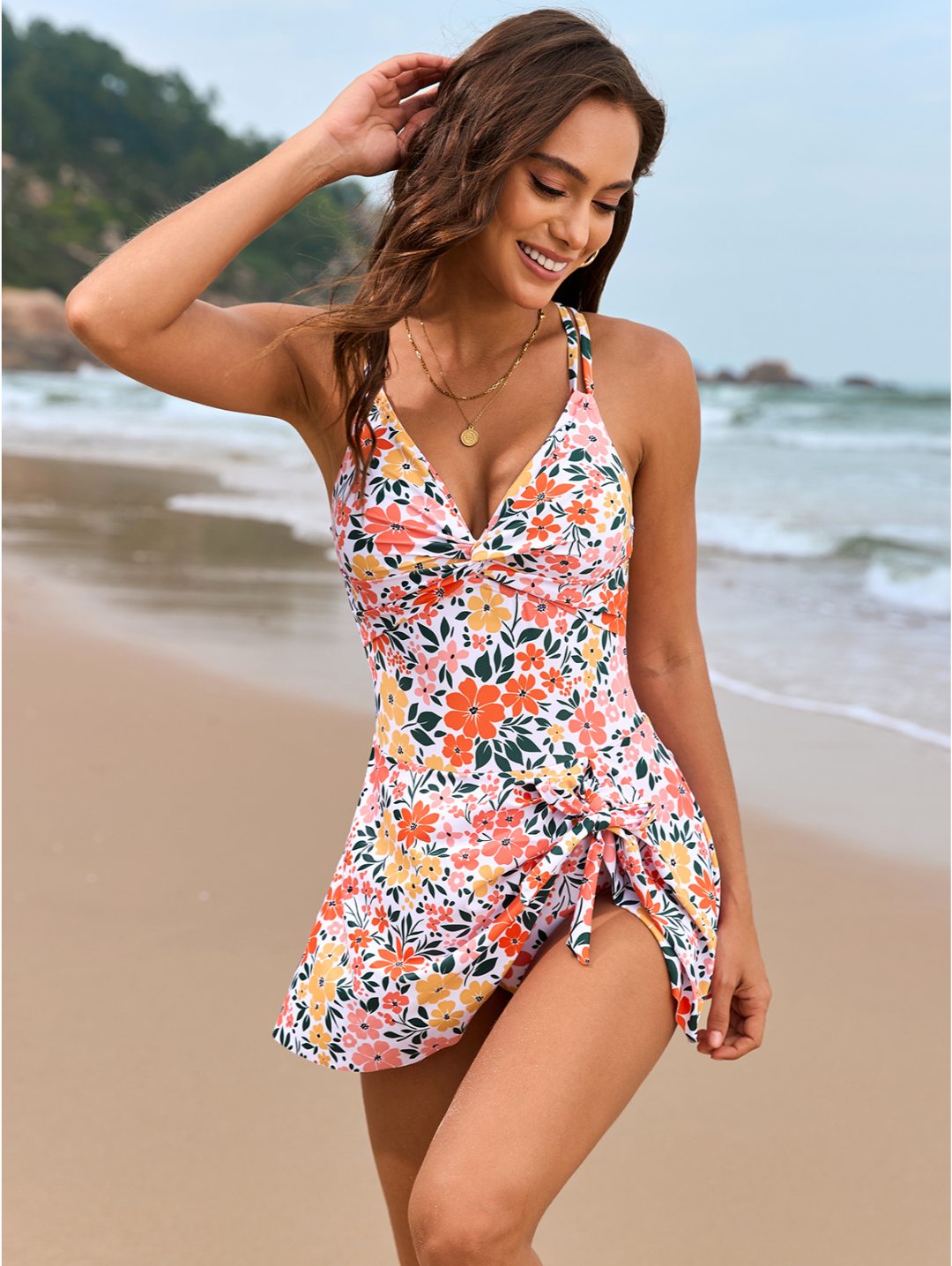 Floral Orange Twist Front Cross-Back Swimdress One-Piece