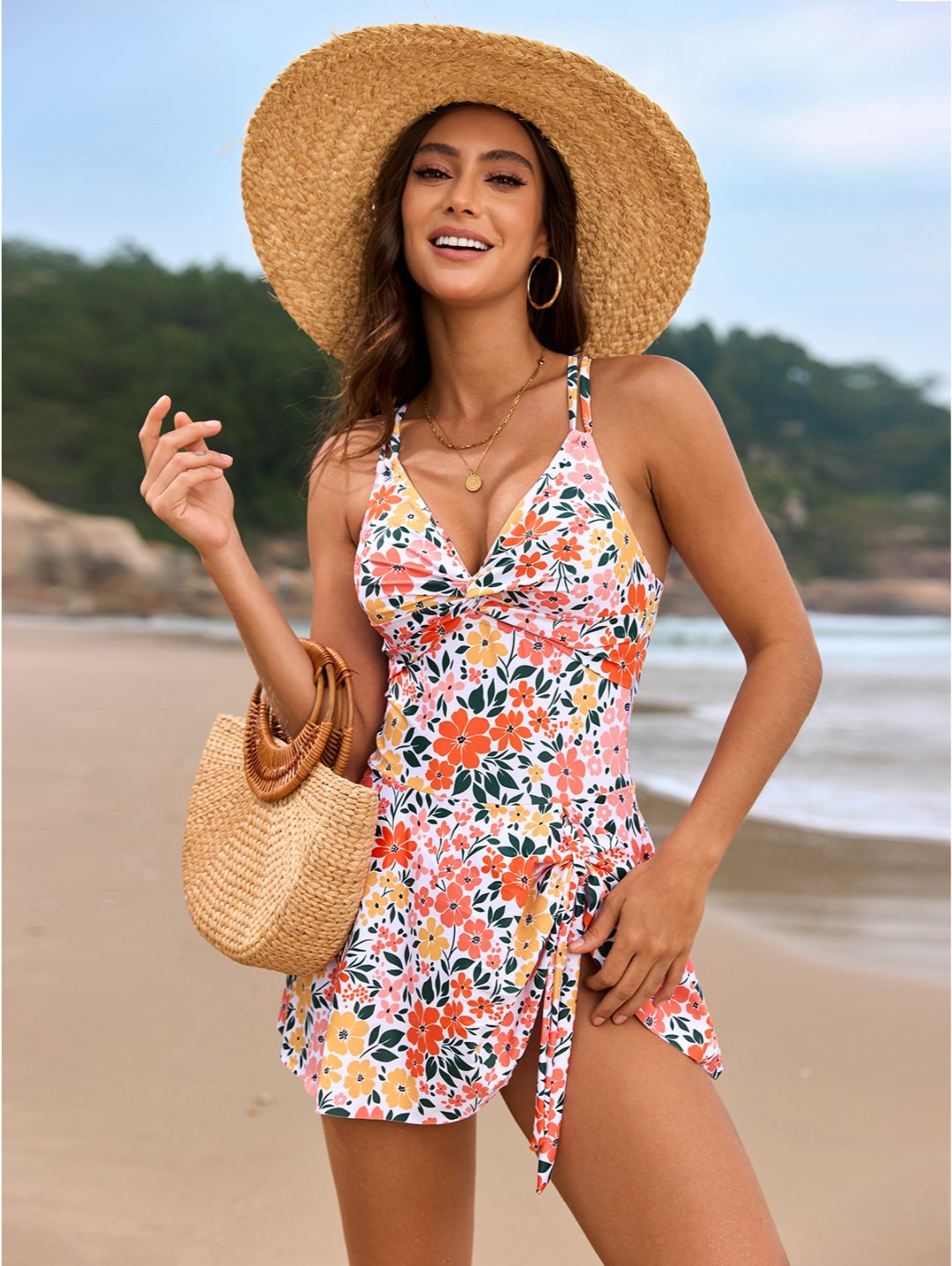 Floral Orange Twist Front Cross-Back Swimdress One-Piece