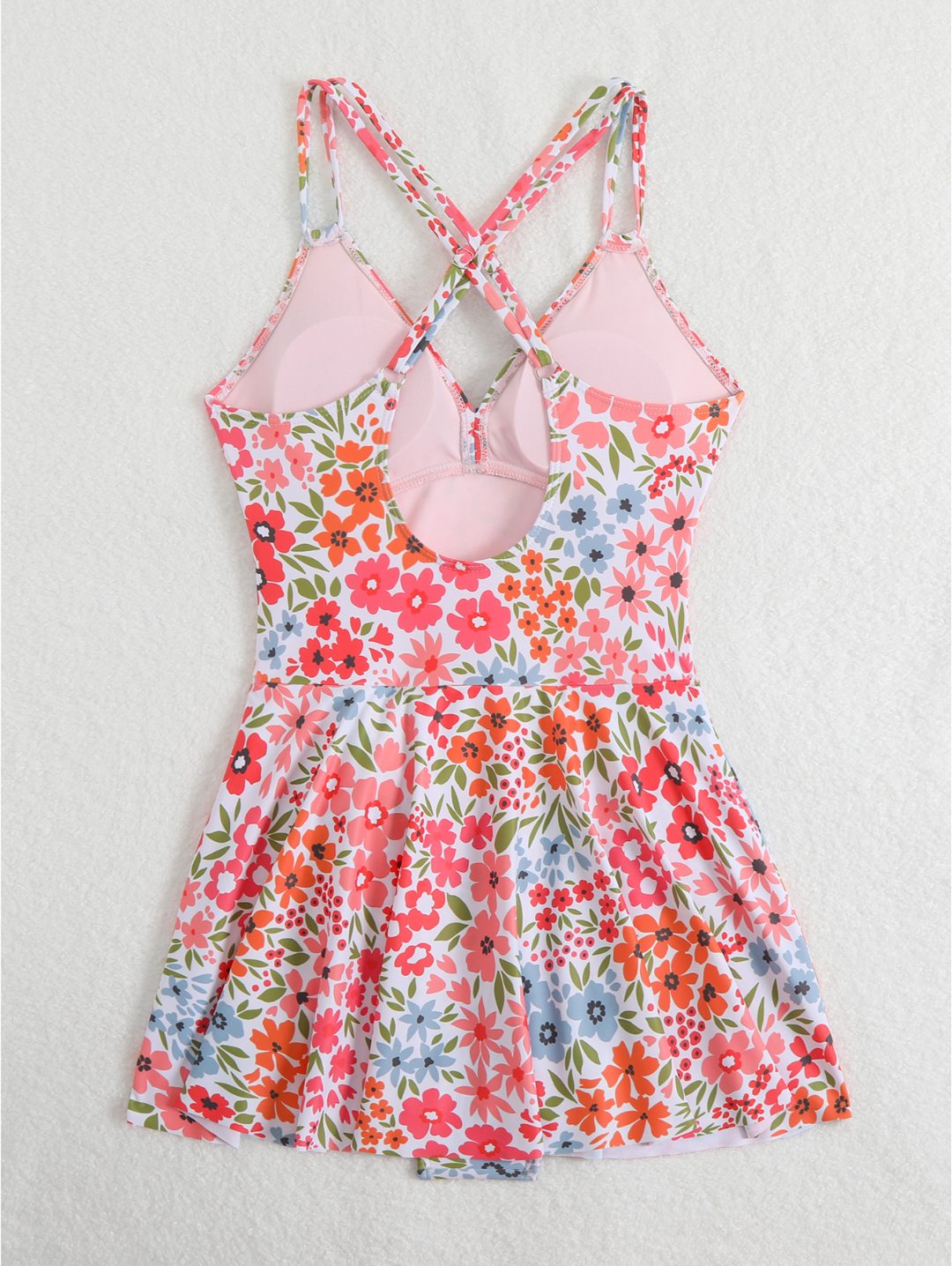 Floral Pink Twist Front Cross-Back Swimdress One-Piece