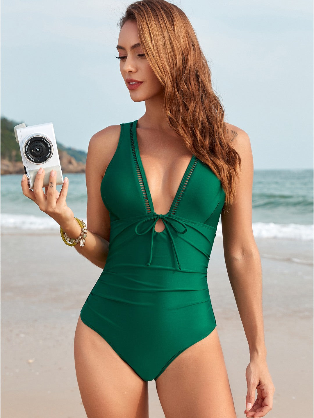 Forest Green Bow tie Mesh Back V-Neck One-Piece Swimsuit