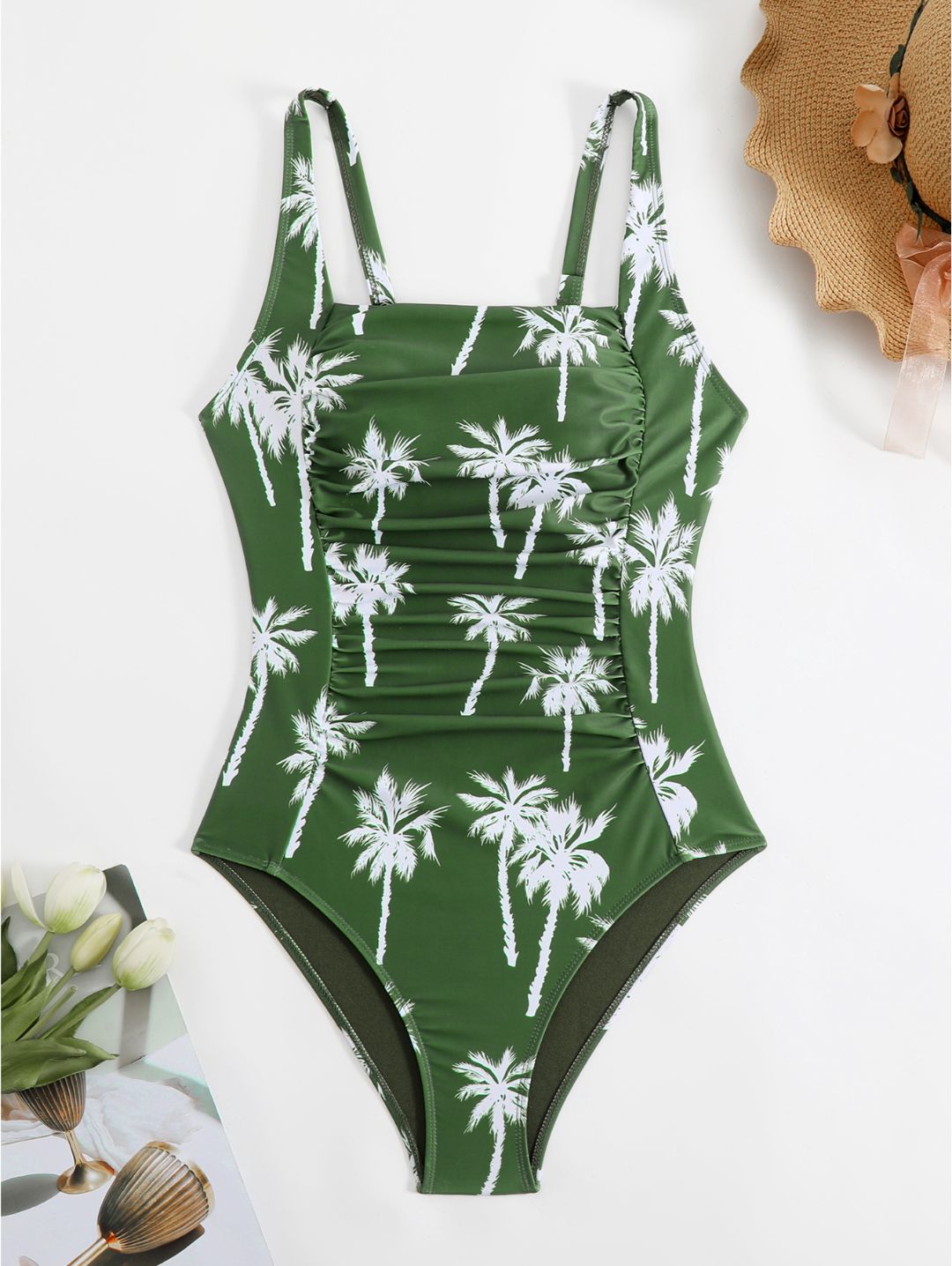 Green Palm Print Square Neck Ruched One-Piece Swimsuit