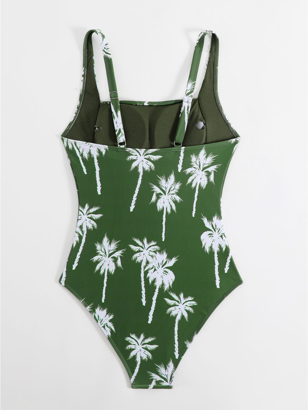 Green Palm Print Square Neck Ruched One-Piece Swimsuit