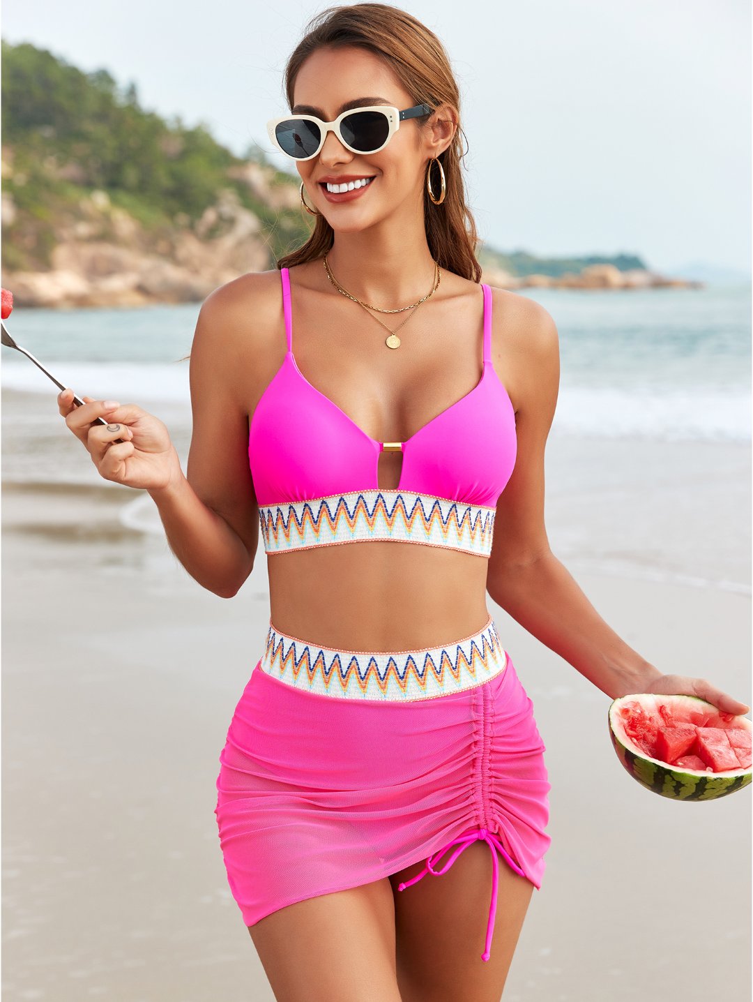 Hot Pink Boho Mesh Skirt Bikini Set