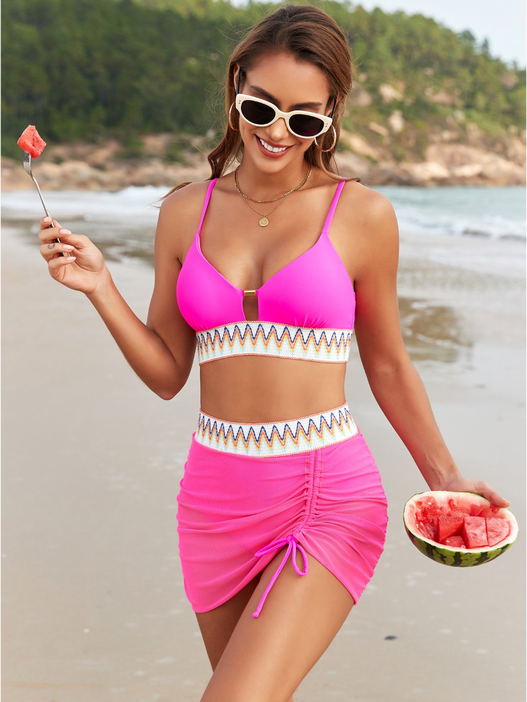 Hot Pink Boho Mesh Skirt Bikini Set