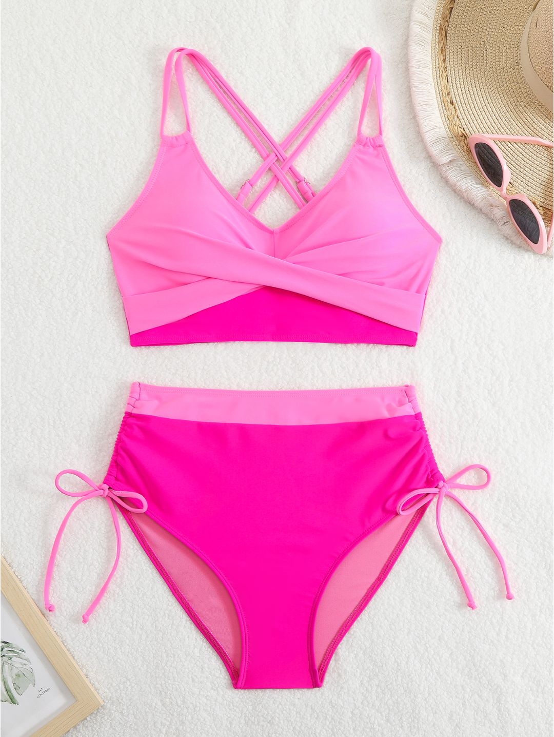 Hot Pink Colorblock High-Waisted with Side Tie Bottom Bikini Set