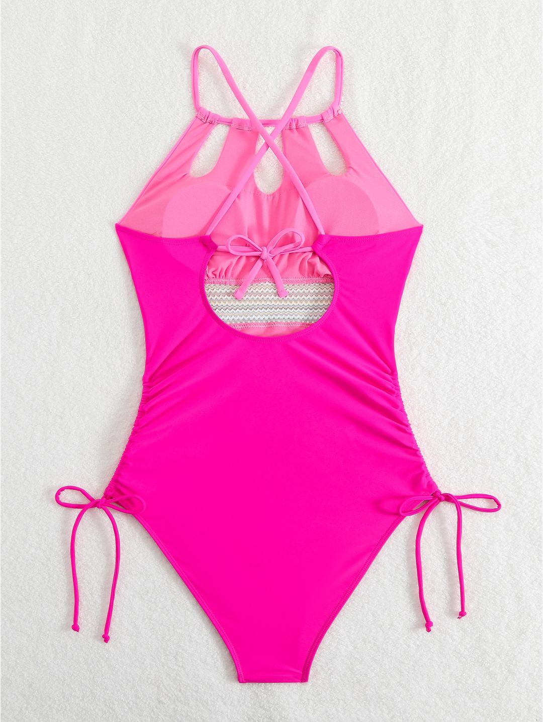 Hot Pink Halter Keyhole Ruched One-Piece Swimsuit