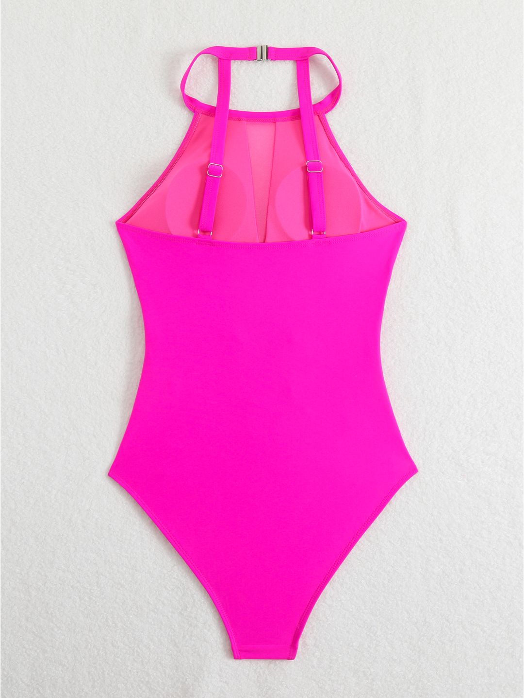 Hot Pink High Neck Mesh Cutout Ruched One-Piece Swimsuit