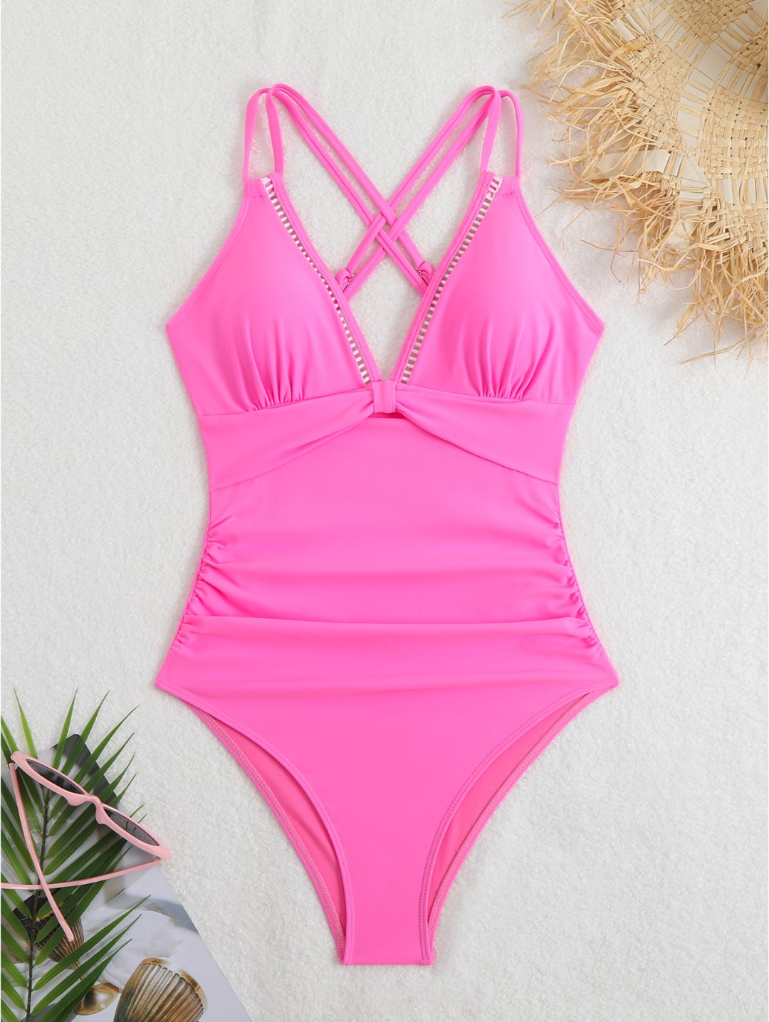 Hot Pink Ruched Crisscross Back One-Piece Swimsuit