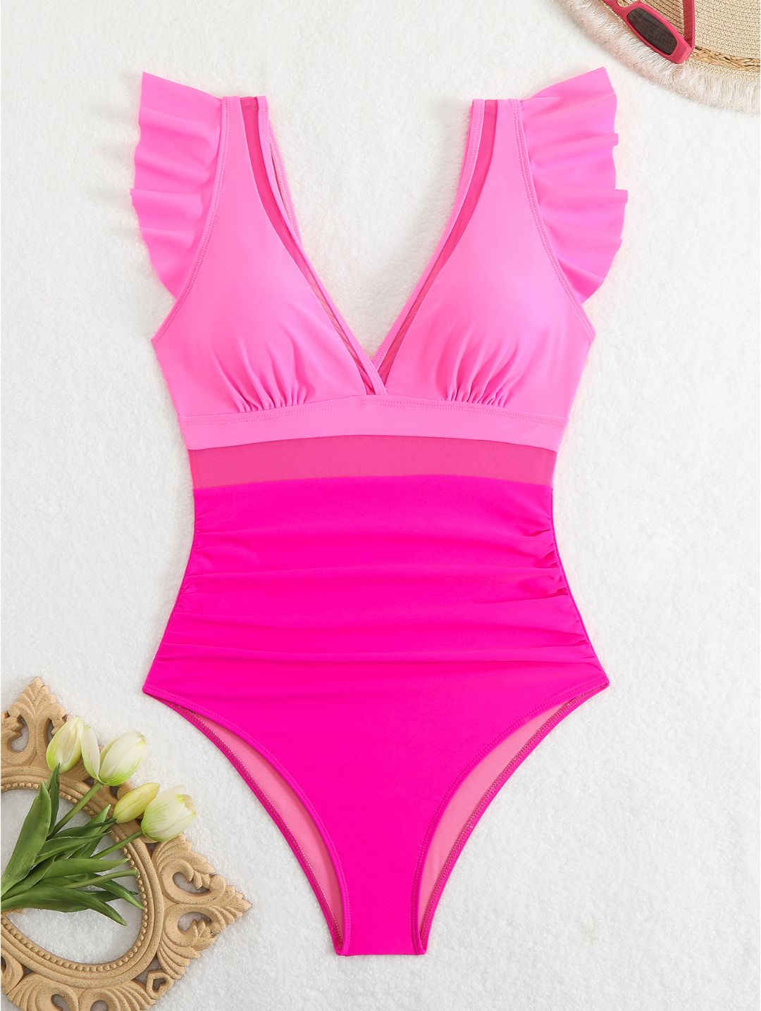 Hot Pink Ruffle Sleeve Colorblock One-Piece Swimsuit