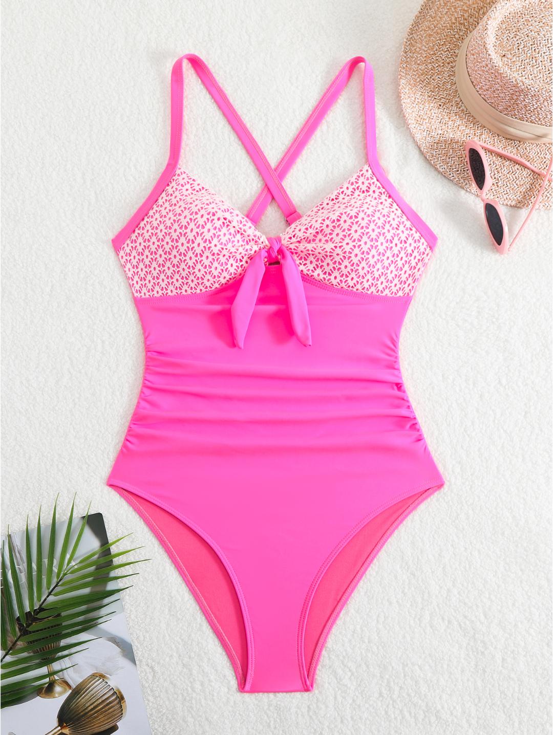 Hot Pink Tie Front Lace-Look One-Piece Swimsuit