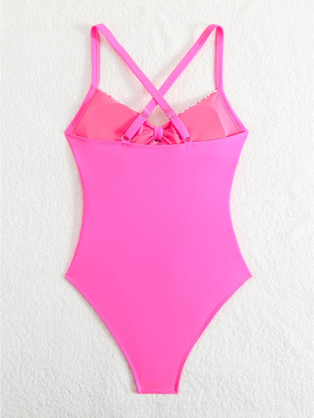 Hot Pink Tie Front Lace-Look One-Piece Swimsuit
