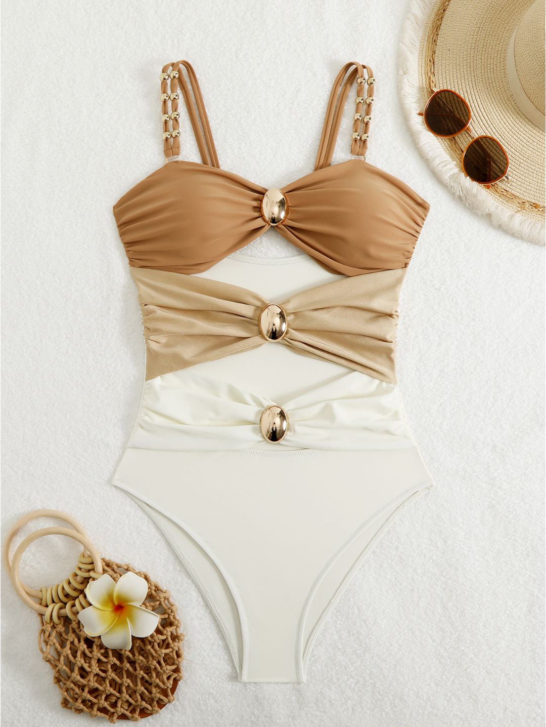 Khaki Color Block Cutout with Gold Ring Detail One-Piece Swimsuit