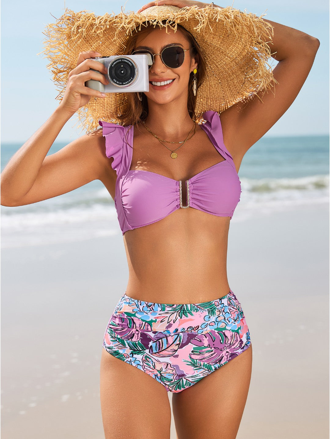 Lavender Floral Ruffle Strap High-Waisted Bikini Set