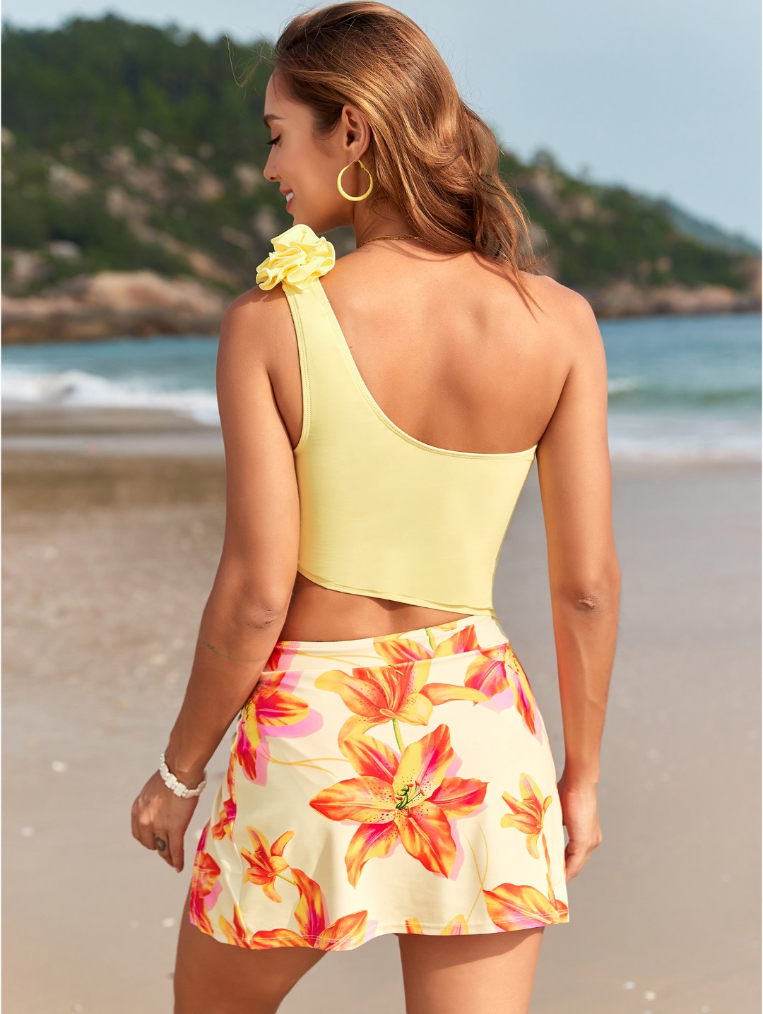 Lemon Floral One-Shoulder Floral Skirt Bikini Set