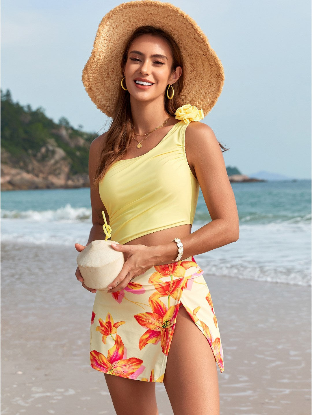 Lemon Floral One-Shoulder Floral Skirt Bikini Set
