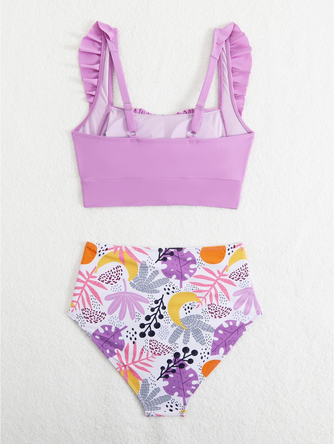 Light Pink Floral Ruffle Shoulder High Waisted Bikini Set