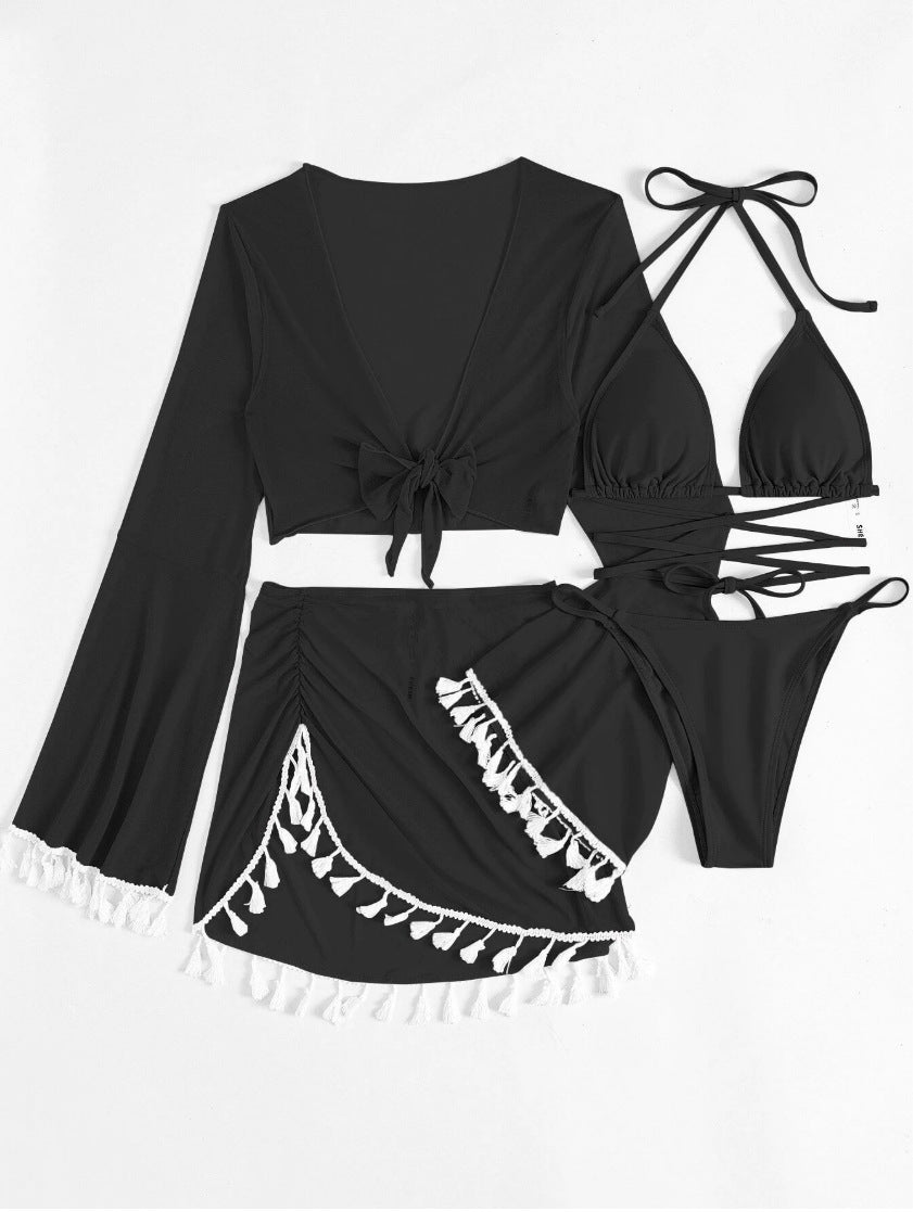 The Black Tulum Tassel Mesh 4-Piece Swim Set