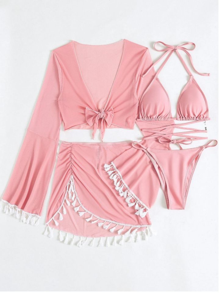 The Pink Tulum Tassel Mesh 4-Piece Swim Set