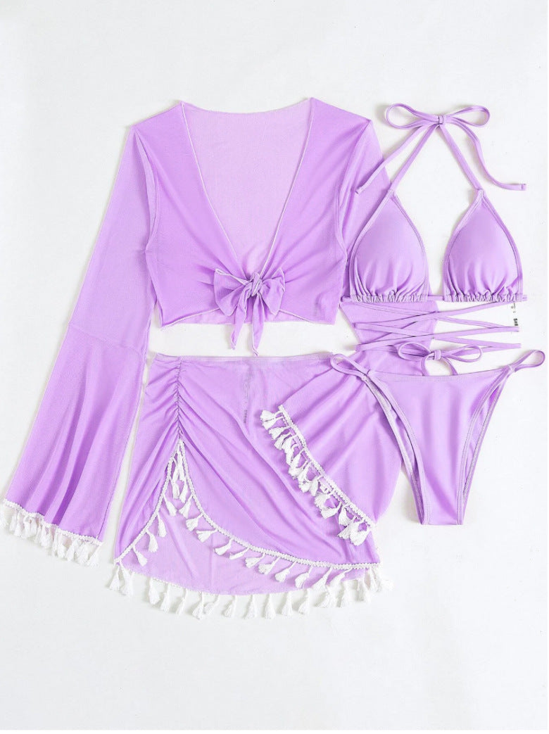 The Purple Tulum Tassel Mesh 4-Piece Swim Set