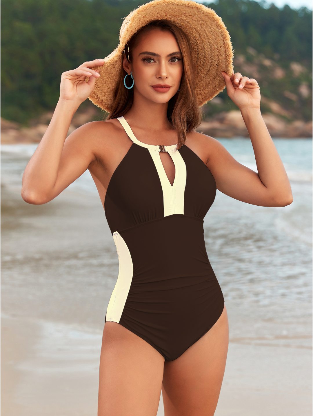 Mocha Brown Contrast Trim Keyhole One-Piece Swimsuit