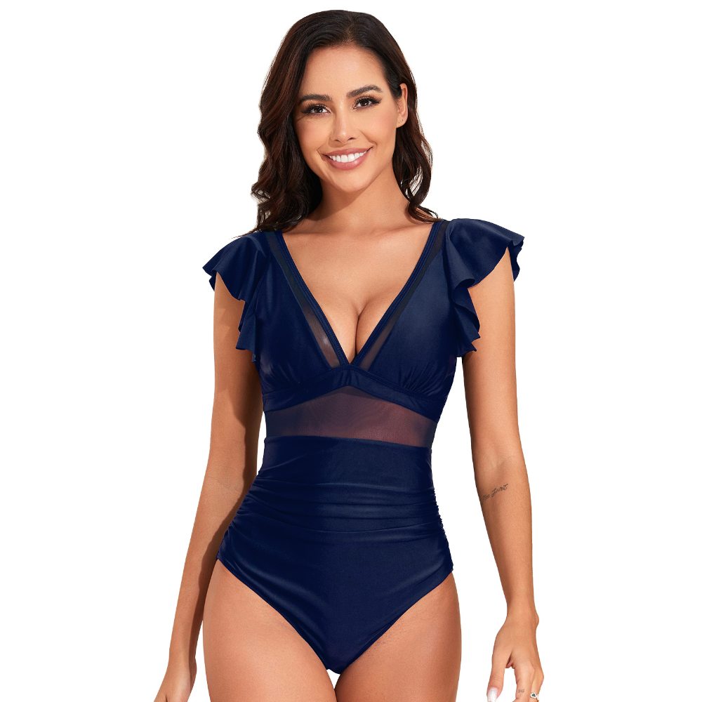 Navy Blue Mesh Panel Ruffle Sleeve One-Piece Swimsuit