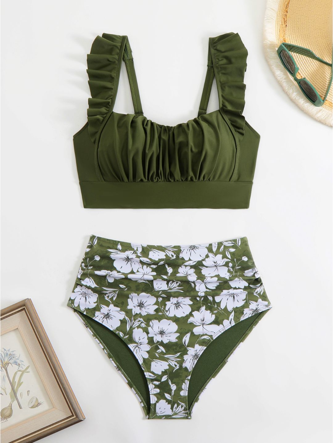 Olive Floral Ruffle Shoulder High Waisted Bikini Set