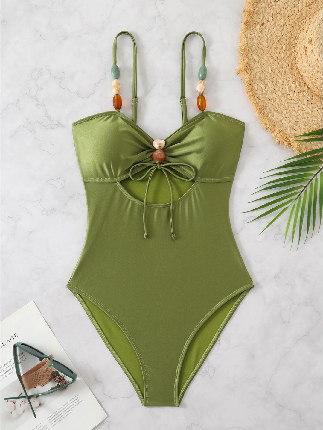 Olive Green Beaded Strap Cutout Tie-Front One-Piece Swimsuit